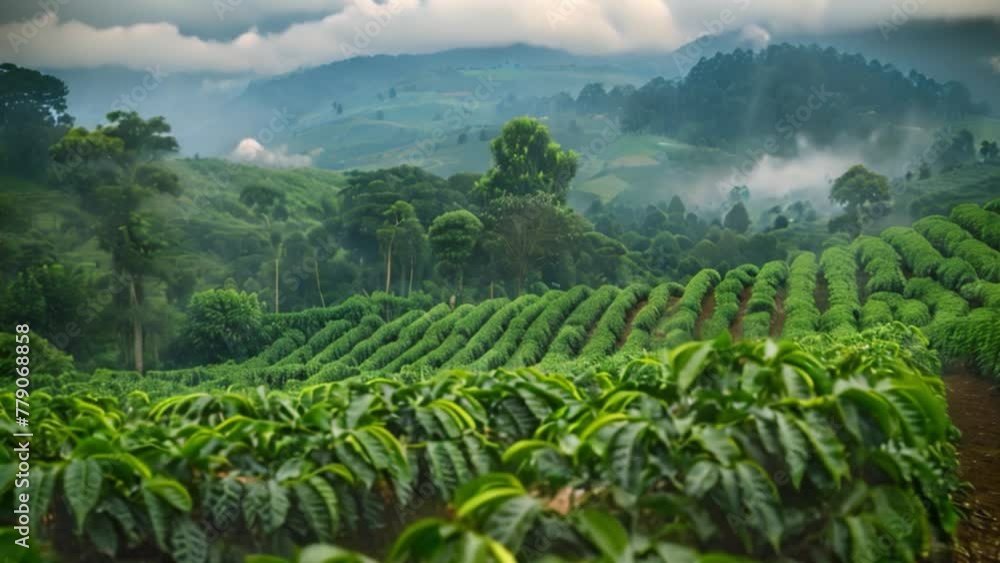 Verdant Coffee Plantation at Dawn in the Misty Hills Verdant Coffee Plantation at Dawn in the Misty Hills