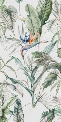 A botanical illustration featuring lush green tropical foliage and a vibrant bird of paradise flower; detailed, naturalistic, and decorative.
