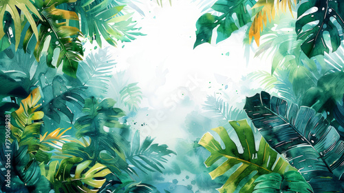 Rigogliose foglie tropicali di colore verde intenso creano un bordo su uno sfondo in stile acquerello,  con spazio per il testo., estate, vacanze , sfondo estivo  photo