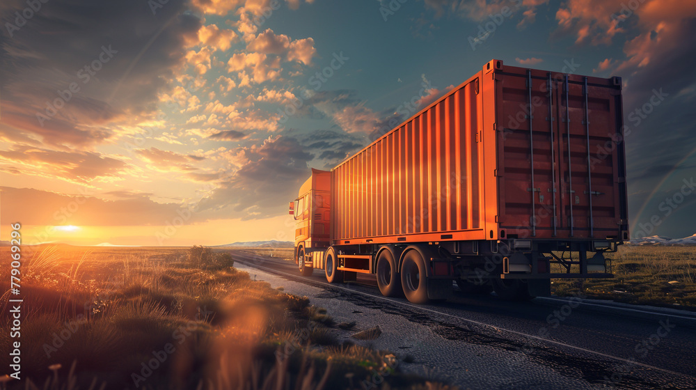 A large orange semi truck is driving down a road with a beautiful ...