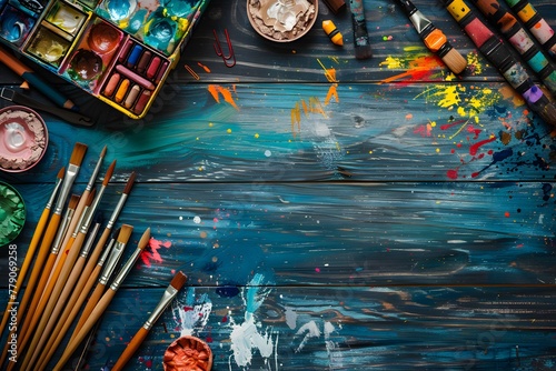 paint brushes, paintbox watercolors crayons pencils on brown wooden artistic background, back to school. Top view, flat lay, copy space