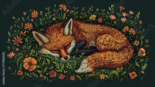 A fox is sleeping in a field of flowers. The painting is colorful and lively, with a sense of peace and tranquility