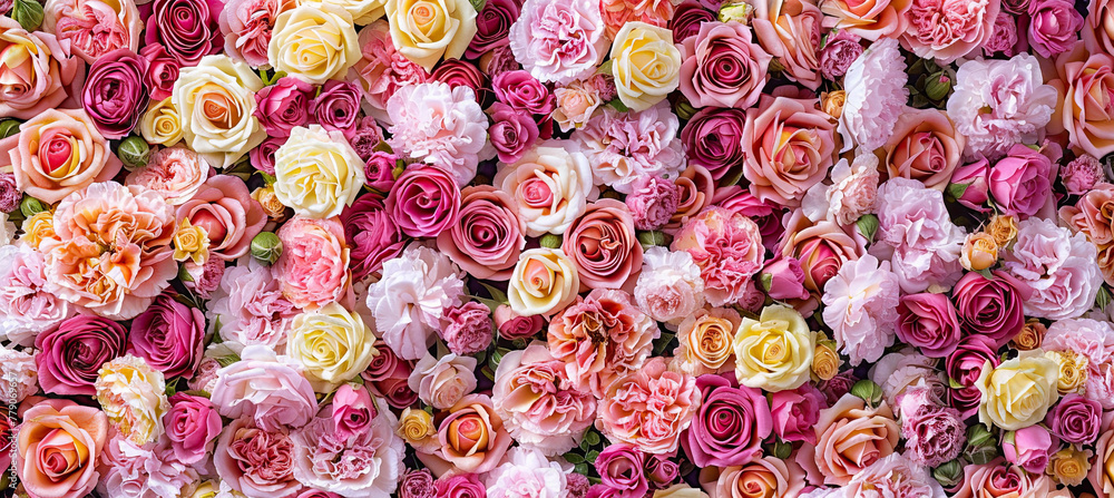 Natural fresh pink roses flowers pattern wallpaper. top view, pink rose flower wall background.