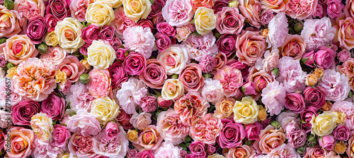 Natural fresh pink roses flowers pattern wallpaper. top view, pink rose flower wall background. ©  Mohammad Xte