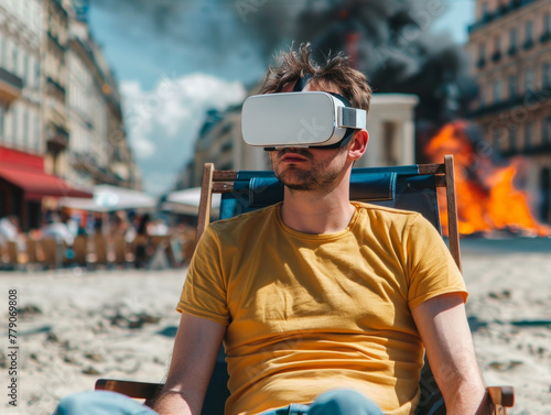 Giovane millennial immerso nella realtà virtuale , indossa un casco vr  in uno scenario di devastazione urbana, immerso nella realtà virtuale non vede la guerra in corso  photo