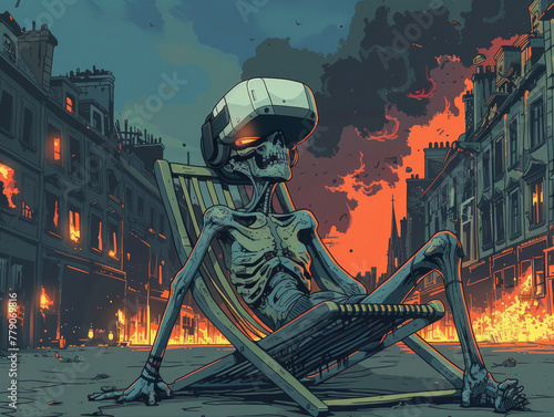 Rappresentazione artistica di uno scheletro che si rilassa su una sedia con una cuffia per la realtà virtuale in mezzo al degrado urbano, concetto di uomo imbambolato da internet, effetti negativi web photo