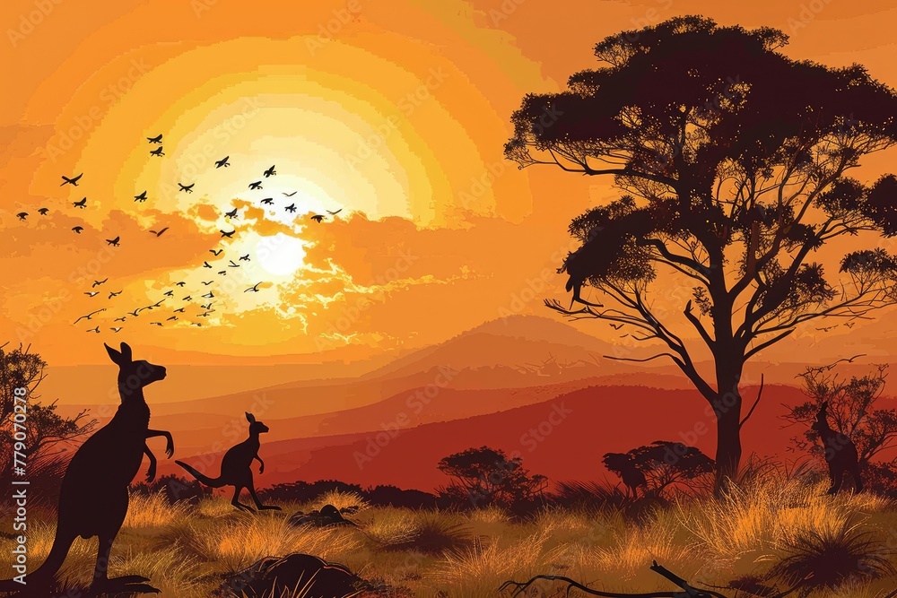 Kangaroos hopping and a sunset in the background, AI generated
