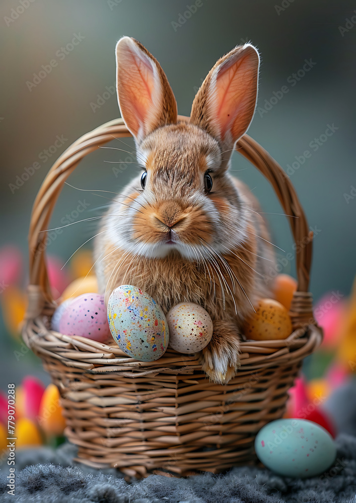 Easter postcard, Easter bunny, fluffy bunny, easter greeting card, postal card, colorful eggs in an easter basket, postal card size standard 105*148 Easter postcard, Easter bunny, fluffy bunny, easter greeting card, postal card, colorful eggs in an easter basket, postal card size standard 105*148