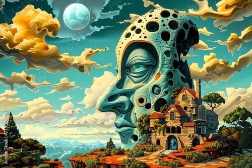 A digital art piece featuring a surreal landscape with a mountain shaped like a human face, a quaint house nestled in greenery, and whimsical clouds against a celestial backdrop.