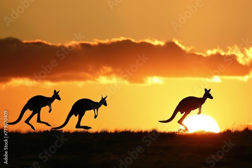 Kangaroos hopping and a sunset in the background  AI generated