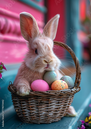 Easter  postcard, Easter bunny, fluffy bunny, easter greeting  card, postal card, colorful eggs in an easter basket, postal card size standard 105*148  © MagKlodelArt