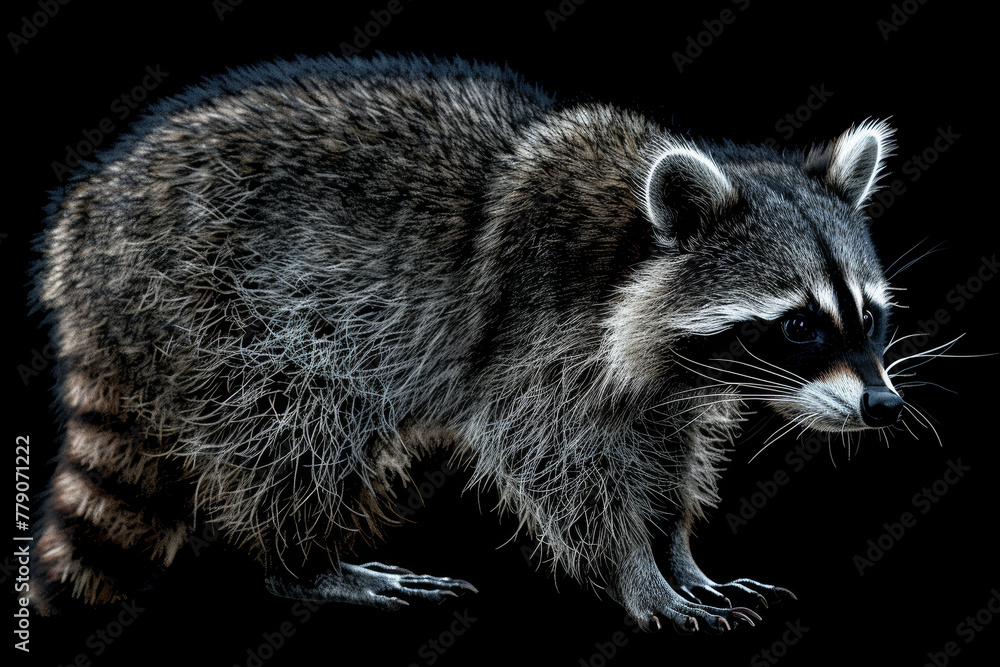 Naklejka premium A raccoon is walking on a black background