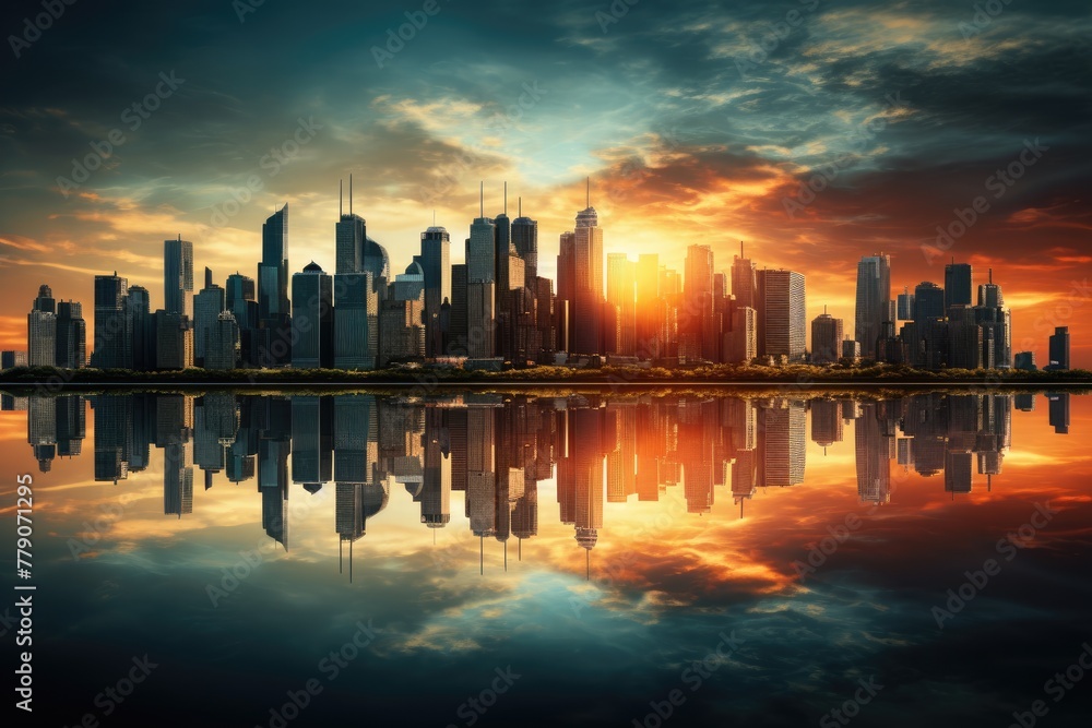 Skyline reflected in water, Big city skyline reflected in water during sunset, AI generated