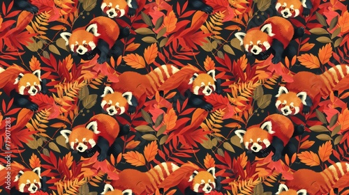 Red pandas in autumn foliage, cute climbers, rich colors