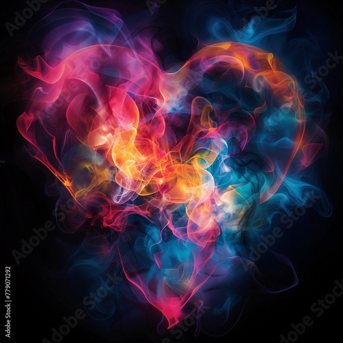 A heart-shaped form made of vibrant colors, surrounded by swirling smoke on a black background, Valentine's Day designs, or romance love concept