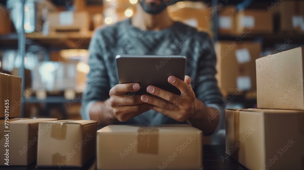 Focused Employee Using Tablet for Inventory Control Focused Employee Using Tablet for Inventory Control