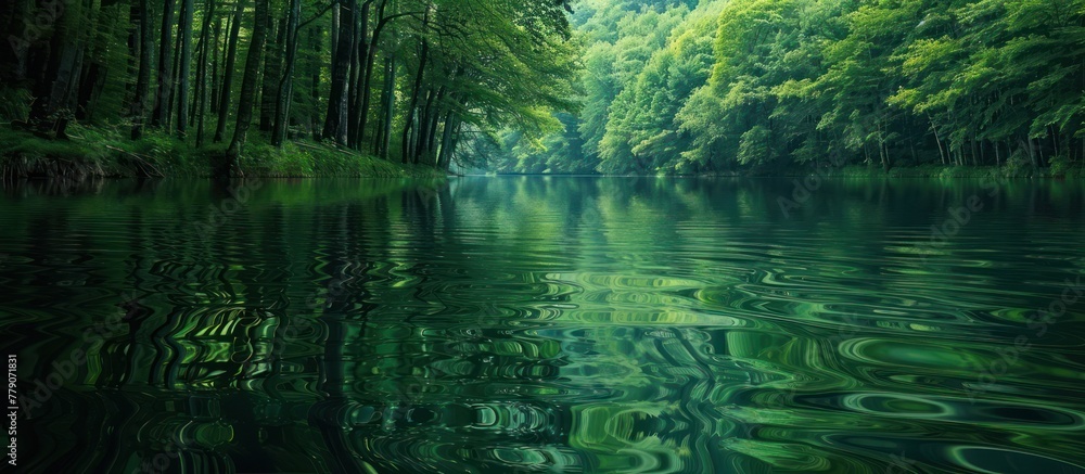 A painting depicting a river snaking through a forest of lush green trees, capturing the harmonious blend of water and nature. A painting depicting a river snaking through a forest of lush green trees, capturing the harmonious blend of water and nature.