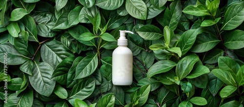 An organic white lotion bottle sits on top of a vibrant green plant, creating a contrast between the sleek bottle and the natural foliage. photo