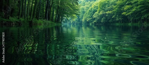 A painting depicting a river snaking through a forest of lush green trees, capturing the harmonious blend of water and nature.