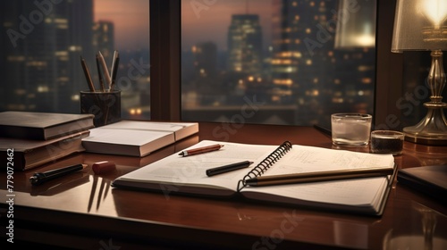 A photo of a financial advisors desk with a notepad. © Global Stock
