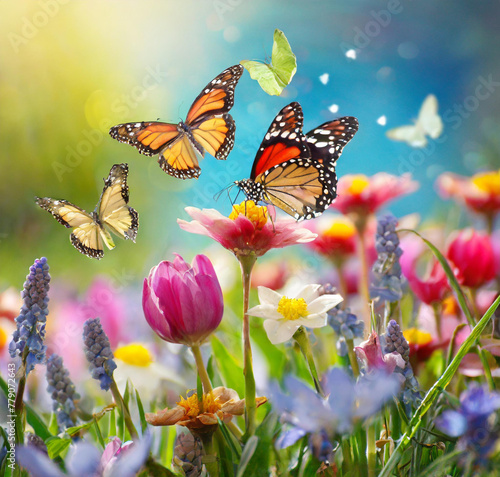 Spring flowers and butterflies