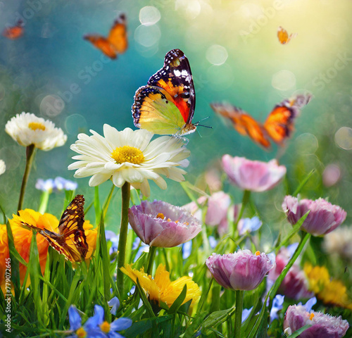 Spring flowers and butterflies
