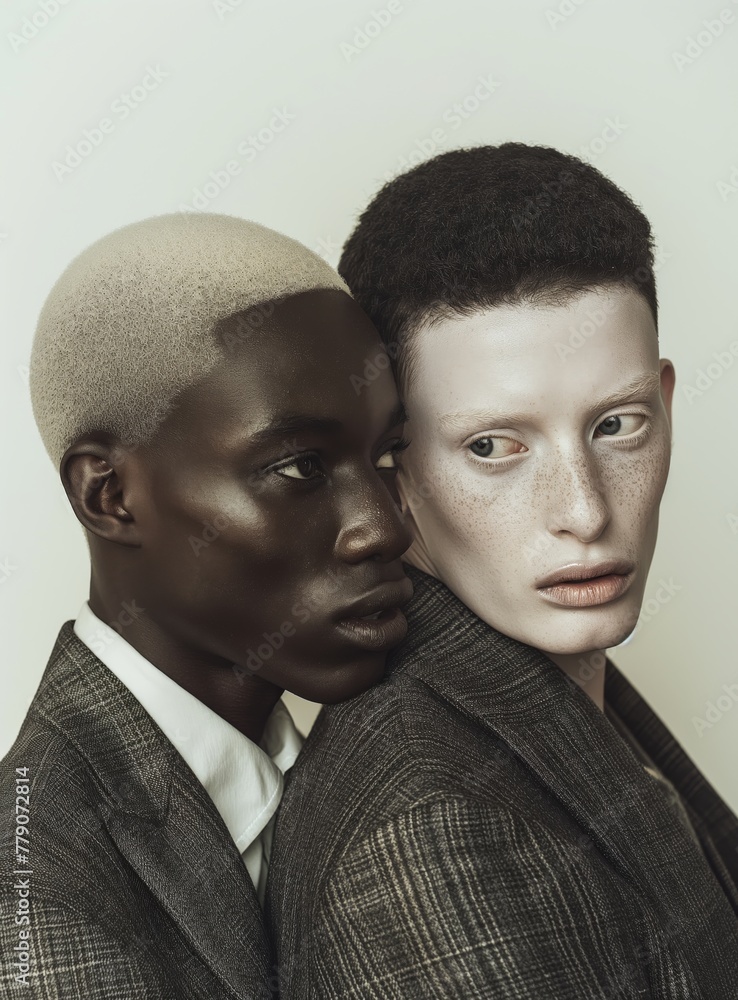 Two models with contrasting skin tones and pronounced facial features, with short hair, in textured suits posing, a focus on diversity and individuality. Two models with contrasting skin tones and pronounced facial features, with short hair, in textured suits posing, a focus on diversity and individuality.
