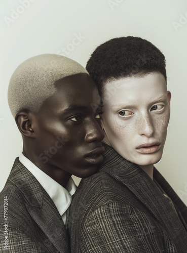 Two models with contrasting skin tones and pronounced facial features, with short hair, in textured suits posing, a focus on diversity and individuality.