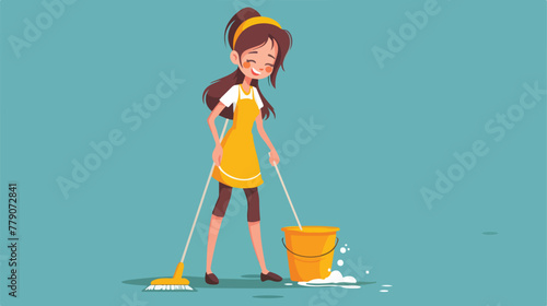 Young beautiful cleaning maid woman with bucket and photo