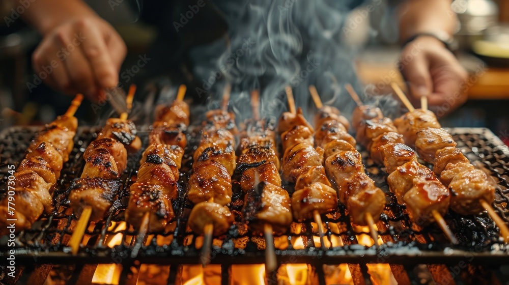 portrait The craftsman is grilling yakitori Japanese food skewers chicken delicius