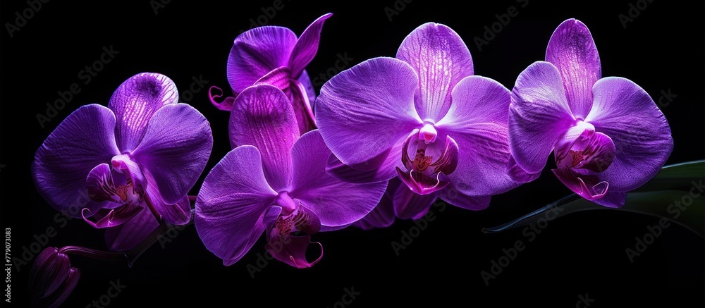 A group of striking purple orchids in full bloom against a dark black background, showcasing their vibrant colors and delicate petals.