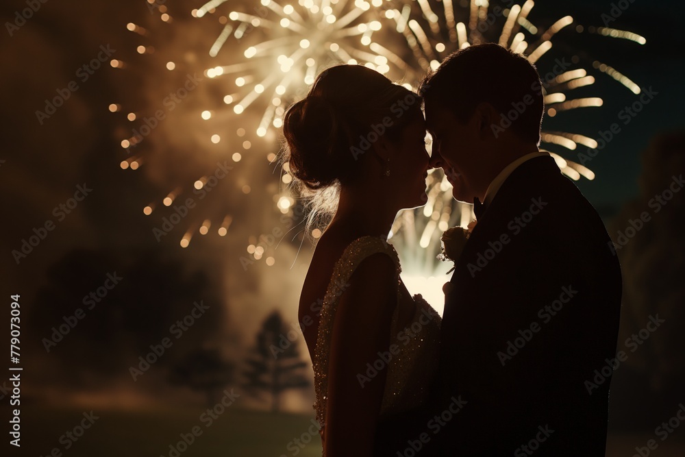 Bride and groom sharing a kiss amid a spectacular fireworks display. Generative AI
