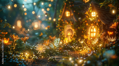 A whimsical 3D render of tiny fairies and goblins clashing in a moonlit garden, using magic and natures tools as weapons