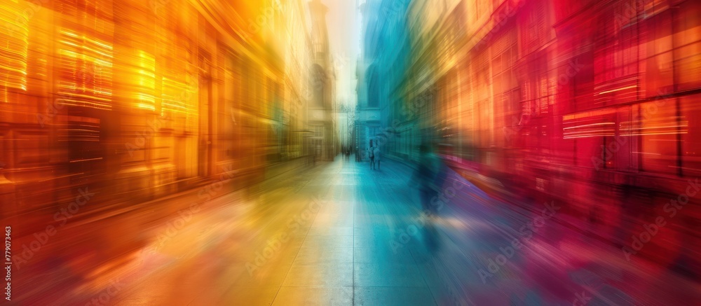 A dynamic blur of a city street with various buildings, showcasing a vibrant mix of colors and urban hustle and bustle.
