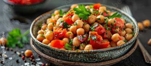 A bowl filled with fresh chickpeas and ripe tomatoes, ready to be enjoyed as a delicious salad.