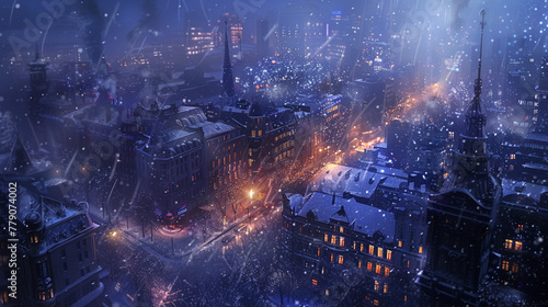 Snow-covered cityscape at night  with glowing streetlights and frosty building.