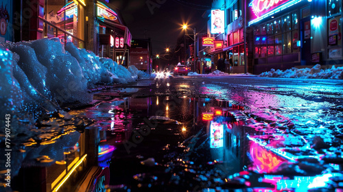 Frozen pools on a city pavement, mirroring the neon signs of neighboring stores.