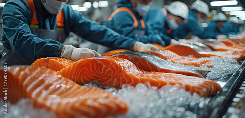 A group of workers in the fishing industry stood around a large table filled with giant salmon meat. They held up giant salmon to show their work met various quality control standards. Generative AI.