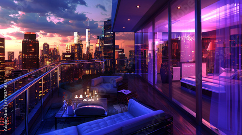 An opulent penthouse with a balcony overlooking the energetic cityscape at night.