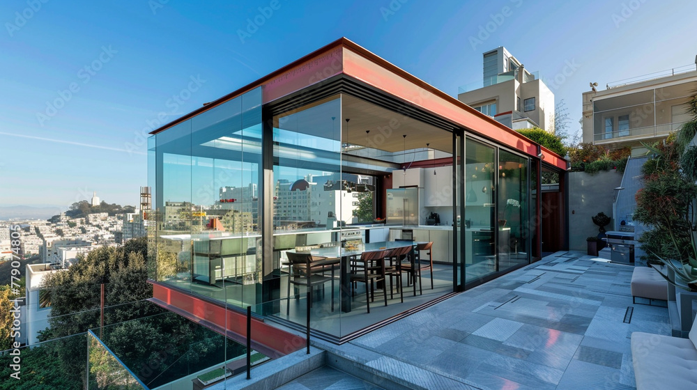An architecturally unique home with a glass-enclosed dining area facing a vibrant cityscape.