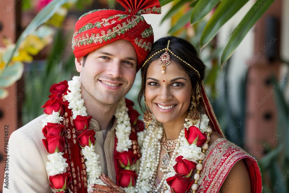 Bride and groom smile in wedding attire with flower lei at temple. Generative AI