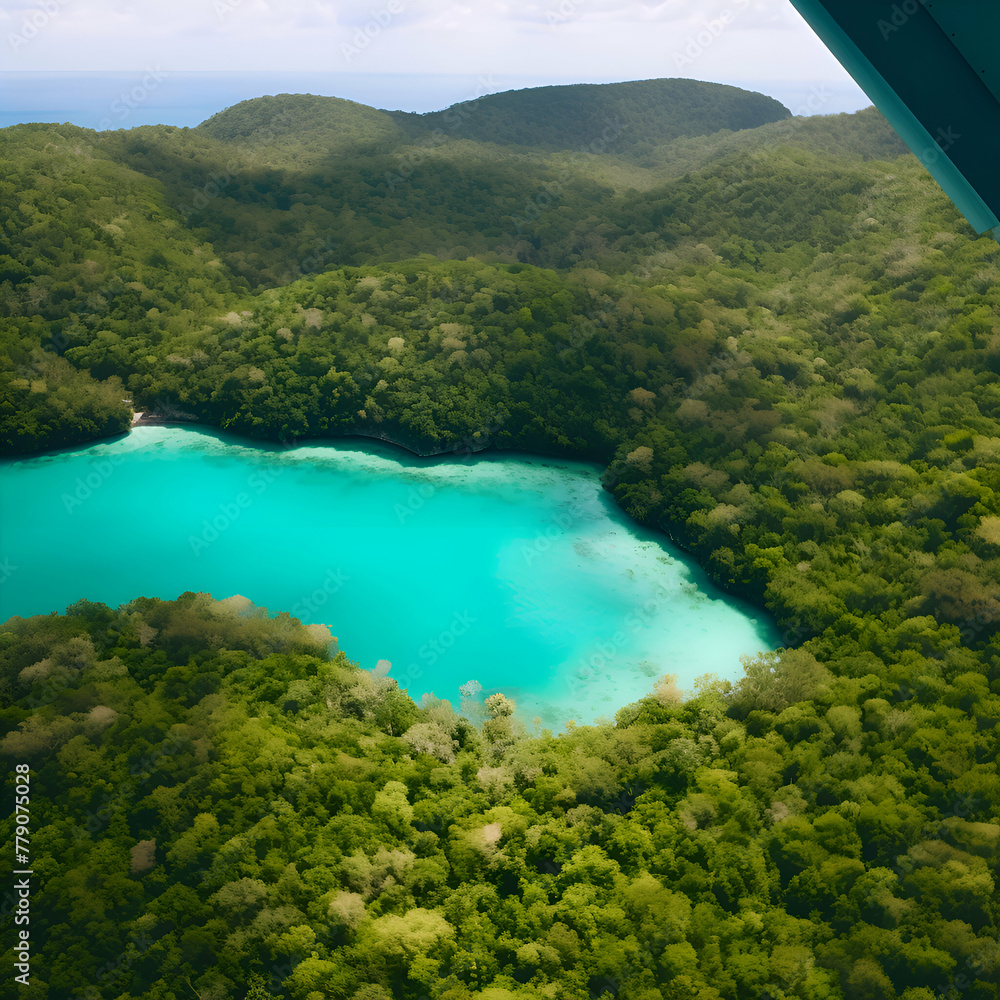 Aerial view of beautiful tropical island with turquoise water.