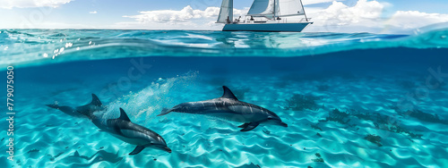 A sailing boat gliding through crystal-clear waters as dolphins playfully leap in the water