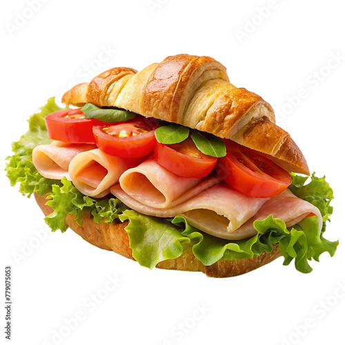 A delicious sandwich with ham, lettuce, and tomatoes on transparent background