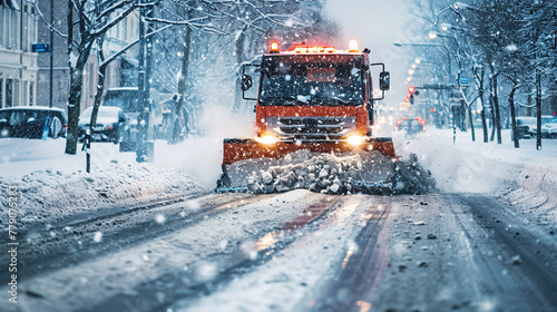 A snowplow vehicle is removing snow from the sides of a major city route.