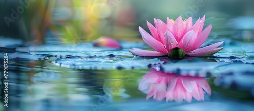 A vibrant pink water lily flower gracefully sits atop a body of water, showcasing its delicate petals against the tranquil backdrop.