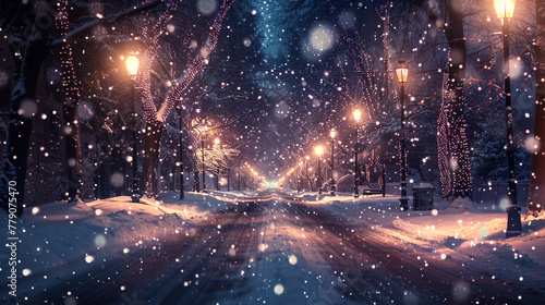 A snowy city street is empty as snowflakes slowly fall, leaving no trace of human footsteps in the snow. #779075470