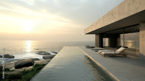A sleek house with a minimalist design overlooking a tranquil beach.