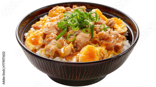 Oyakodon rice bowl with meat isolated on white background