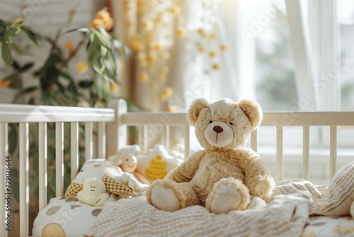 teddy bear sitting on a crib in a children's room, cozy children's room, sunlight.